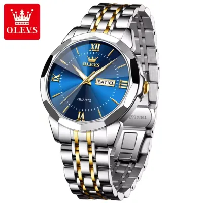 OLEVS 9989 Men's Watch Classic Prism Mirror Waterproof Dual Calendar Fashion Business Watch Luxury Brand Quartz Men Watch - SilverGolden Blue